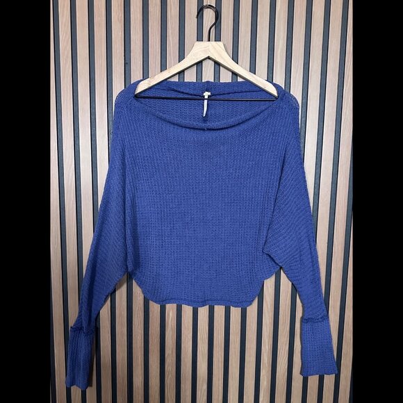Free People Tops - Free People Thermal Top Small Womens Blue Off Shoulder Waffle Knit Modal Flowy